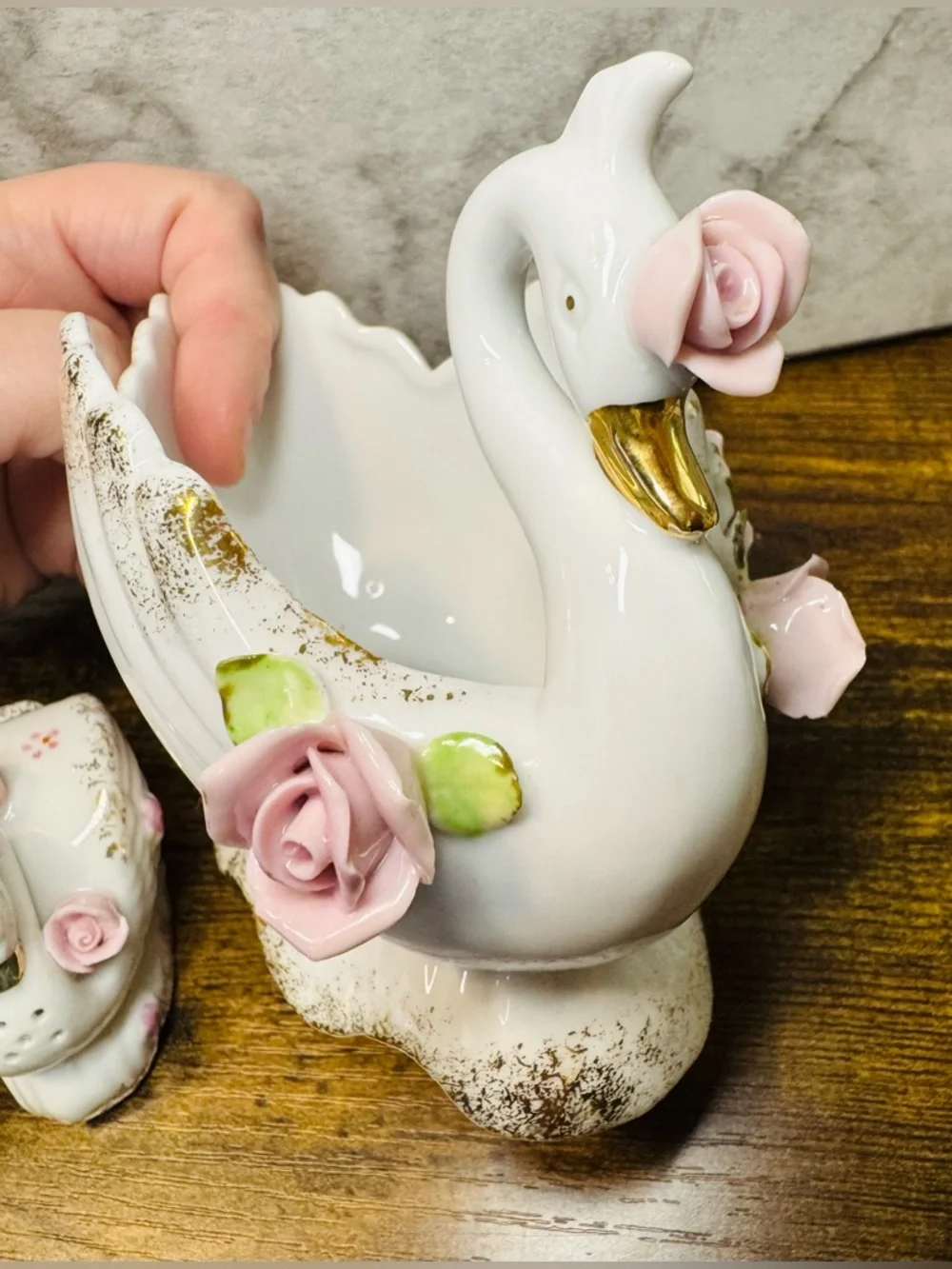 Vintage Porcelain Swan Planter Vase w/ Japan Salt & Pepper Shakers Pink Roses